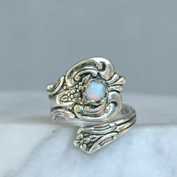 Adjustable Spoon-Style Ring with Iridescent White Stone