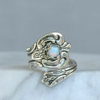 Adjustable Spoon-Style Ring with Iridescent White Stone