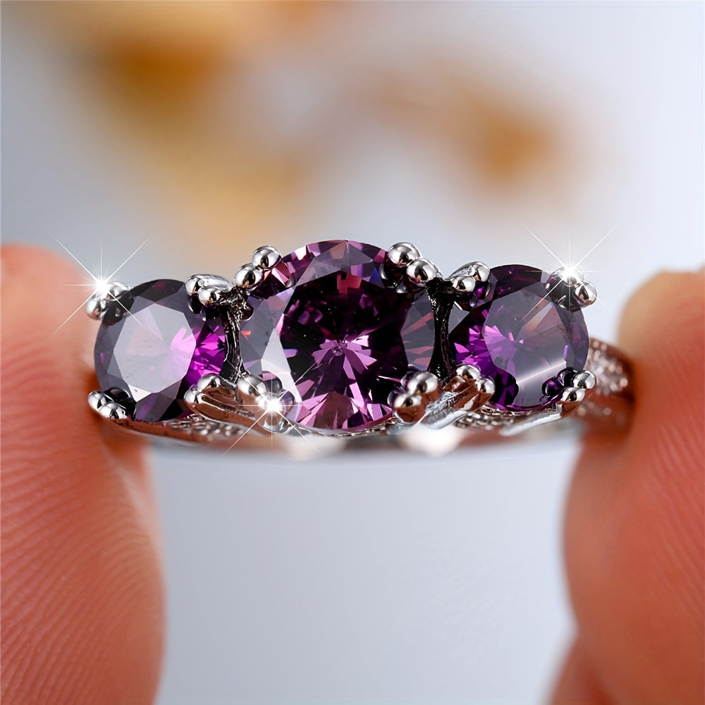 Vintage-Style Three-Stone Ring with Round Purple Zirconia