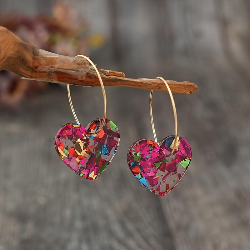 Vintage Resin Glitter Heart Pendant Earrings with Playful Sparkle