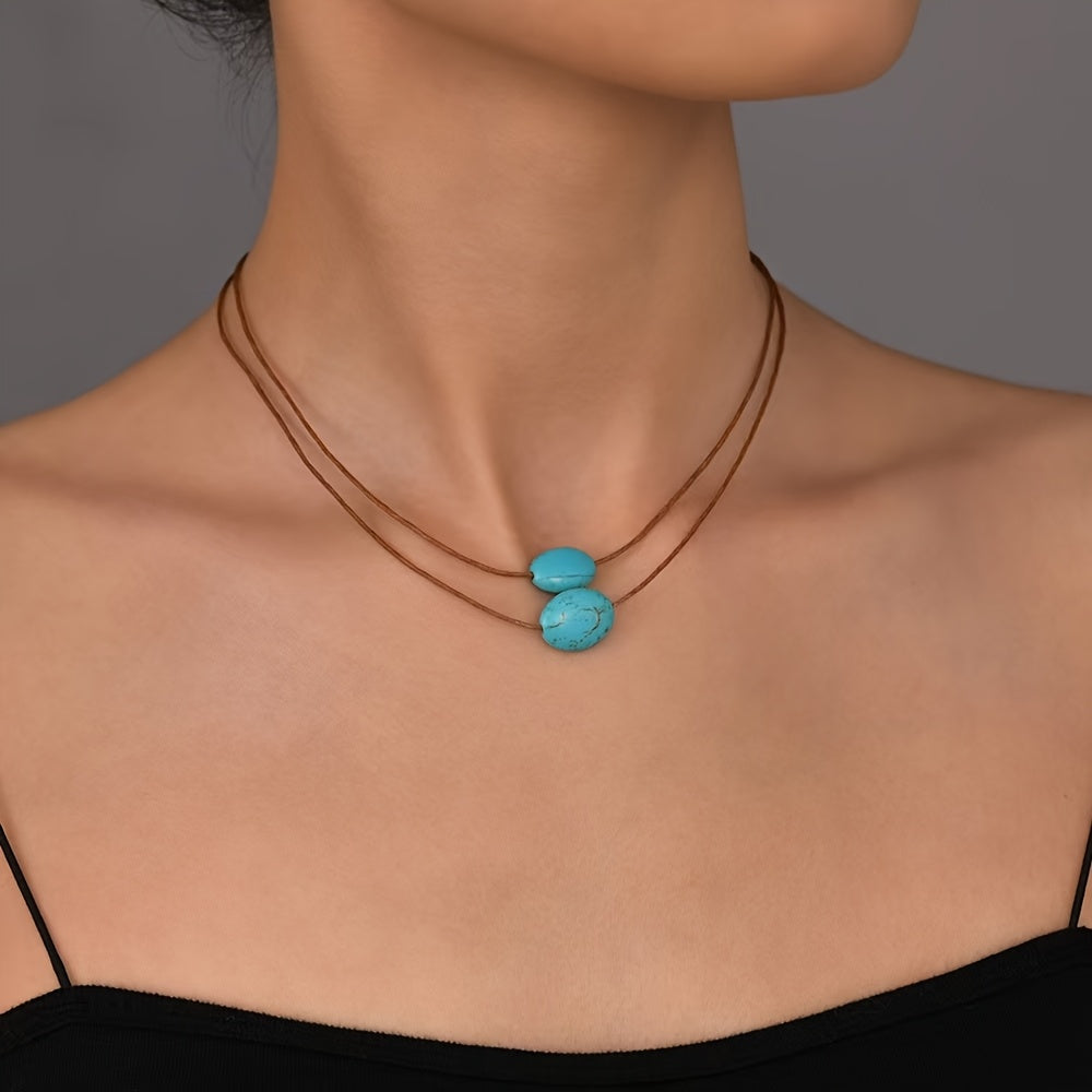 Vintage Double-Layer Blue-Green Beaded Necklace with Boho Charm