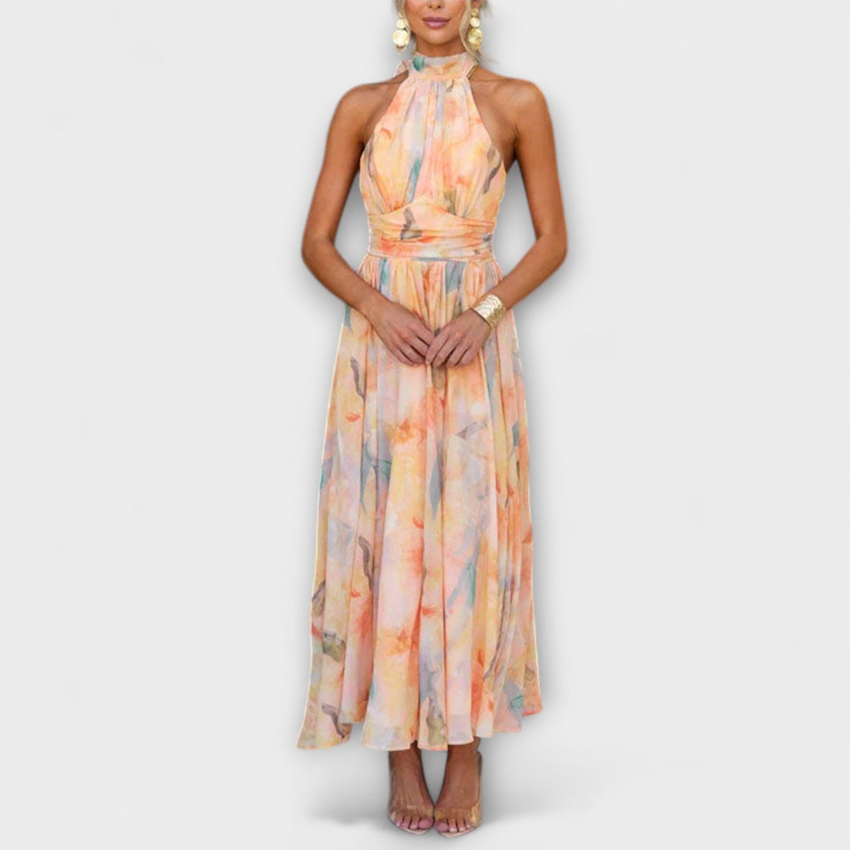 Halter Neck Maxi Dress with Open Back and Watercolour Print