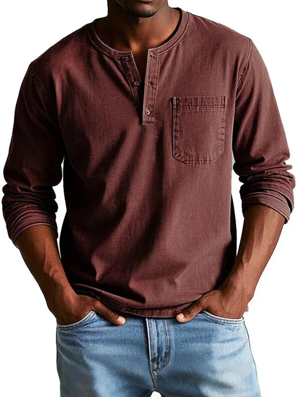 Men's Long-Sleeve Henley Shirt with Button Neckline