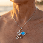 Octopus Pendant Necklace with Iridescent Blue Stone in Silver Colour
