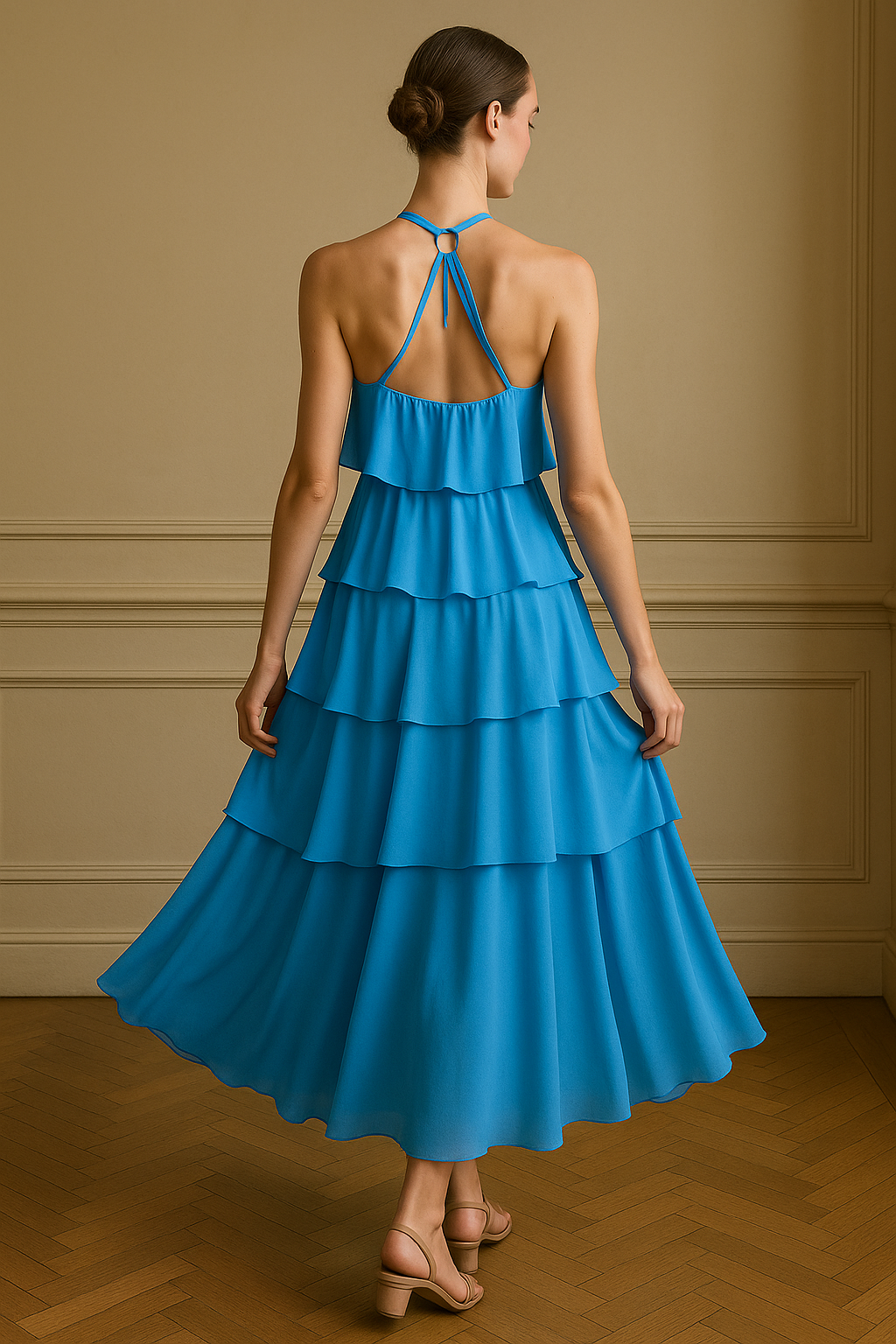 Vestido de cuello alto con aplicaciones florales 3D superpuestas
