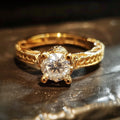 Solitaire Ring with Round Zirconia and Rope Band in Gold Colour