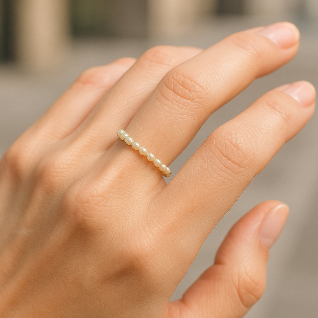 Faux Pearl Bead Stacking Band Ring in Gold Colour with Soft Lustre