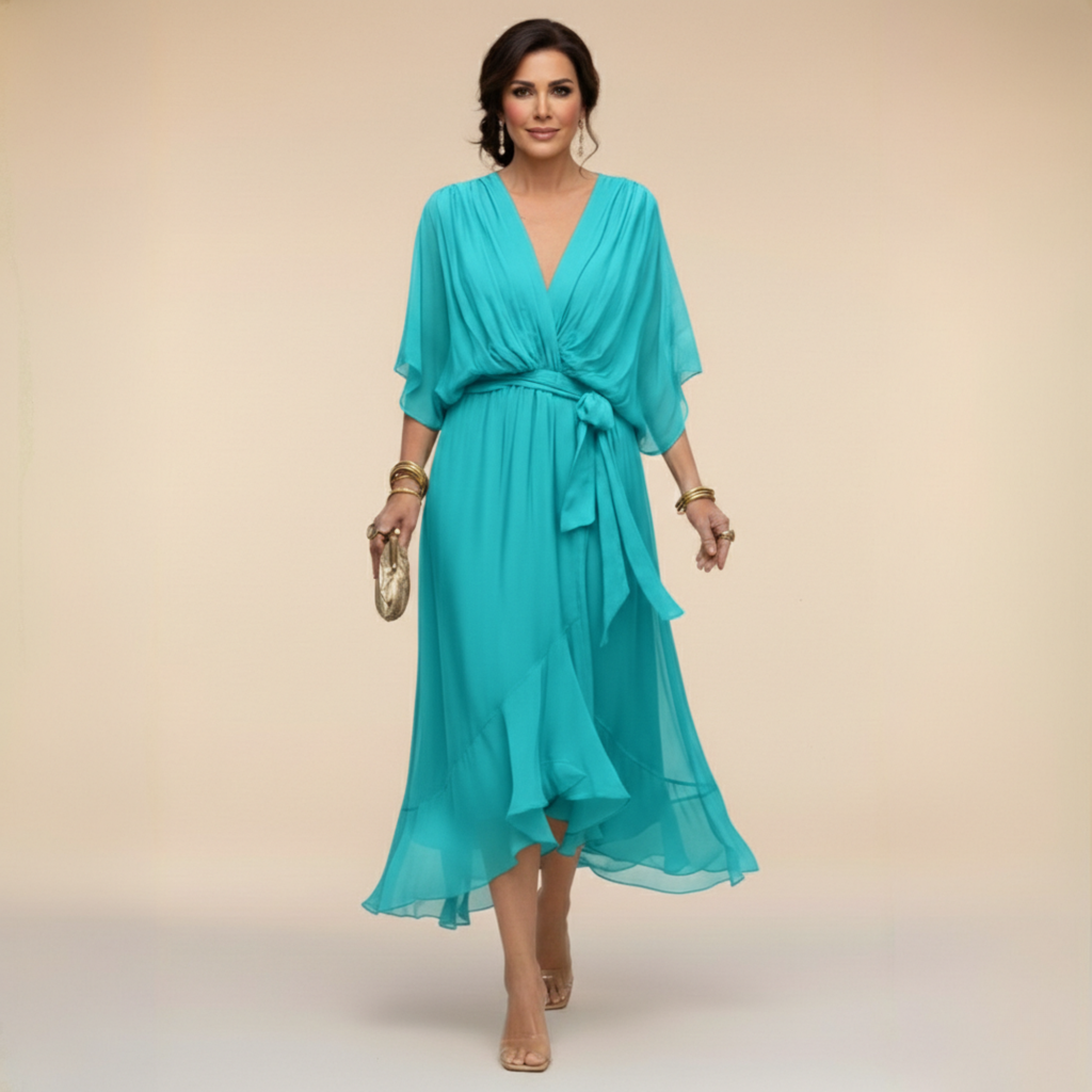 Flowing V-neck dress with soft draping detail