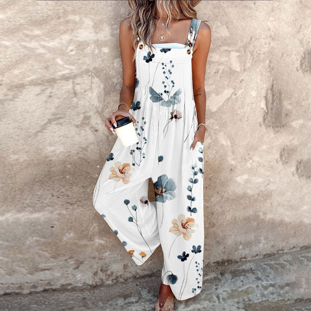 Printed Denim Overalls with Cropped Leg