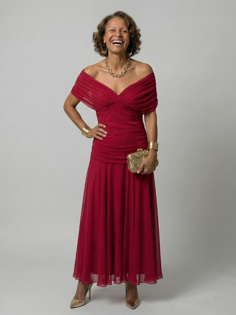 Off Shoulder Midi Dress with Draped Neckline