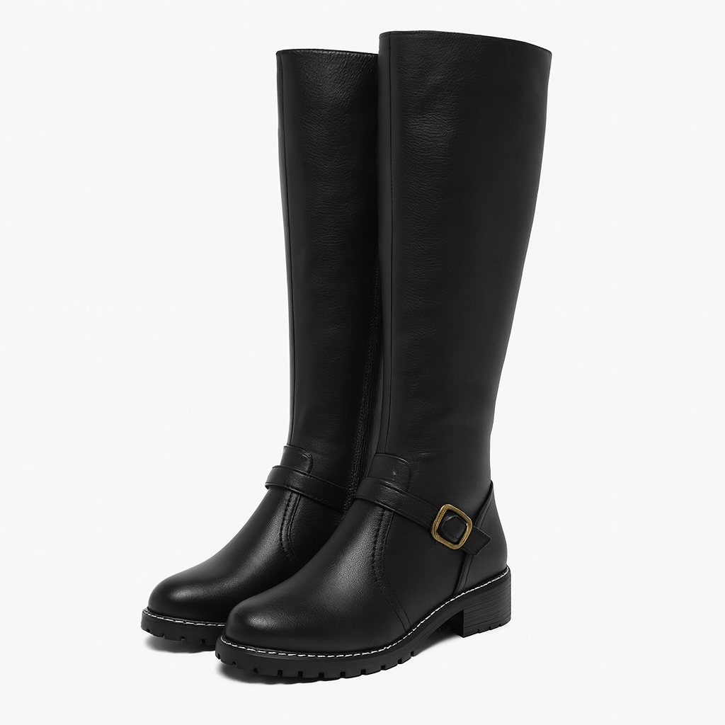Knähöga boots med spännedetalj och halkfri sula