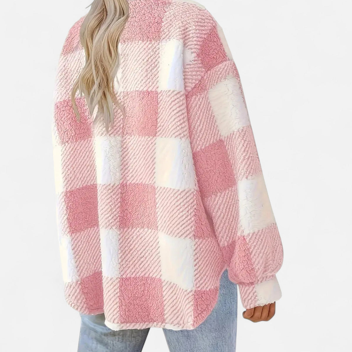 Checked Sherpa Jacket with Button Front and Oversized Fit