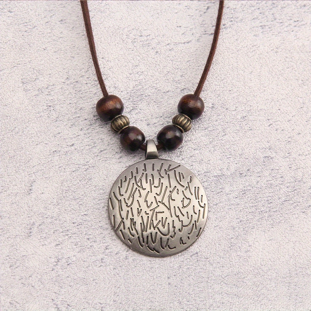 Vintage Zodiac Wooden Bead Pendant Necklace with Natural Texture