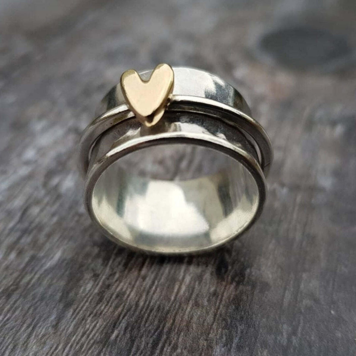 Brushed Band Ring with Raised Heart in Two-Tone Colour