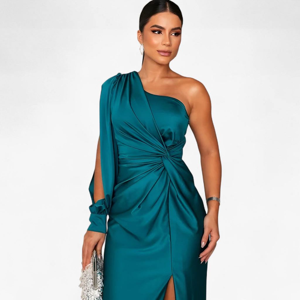 Asymmetric One-Shoulder Satin Dress with Front Knot