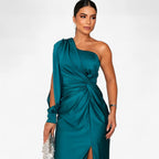 Asymmetric One-Shoulder Satin Dress with Front Knot
