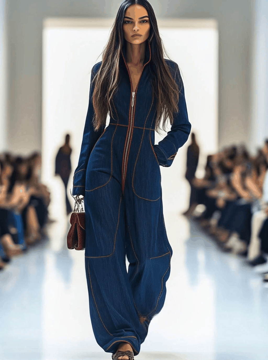 Denim Jumpsuit with Red Topstitching and Wide Leg