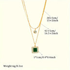 Double-Layer Necklace with Green Square Pendant and Fine Chains