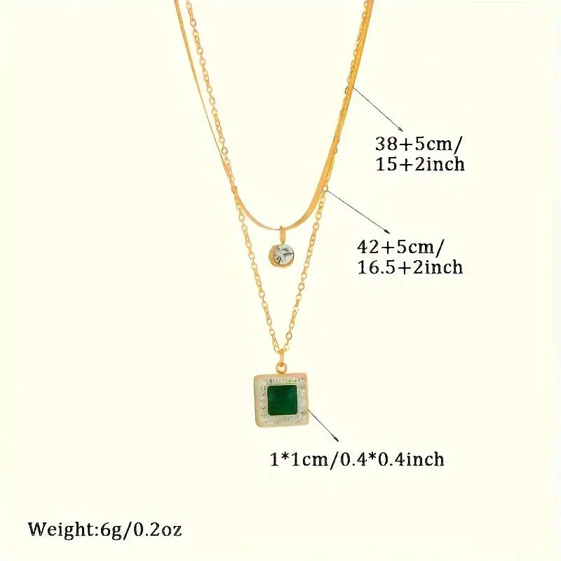 Double-Layer Necklace with Green Square Pendant and Fine Chains