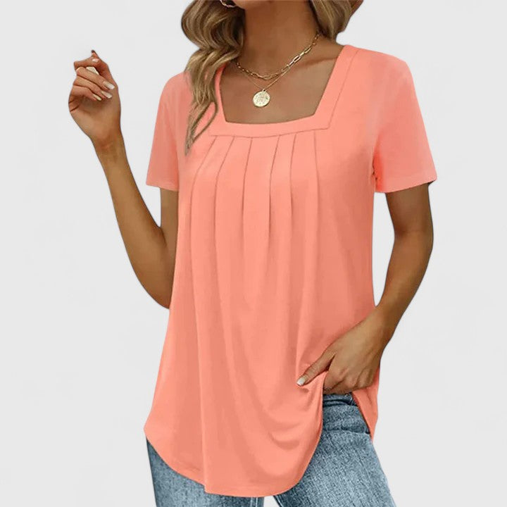 Square Neck Blouse with Delicate Pleats