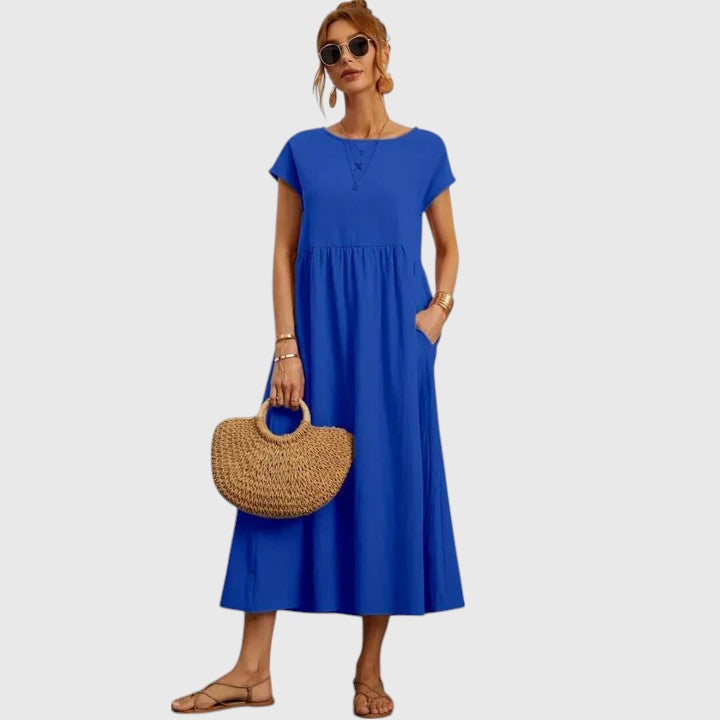 Casual Midi Dress with Short Sleeves and Pockets