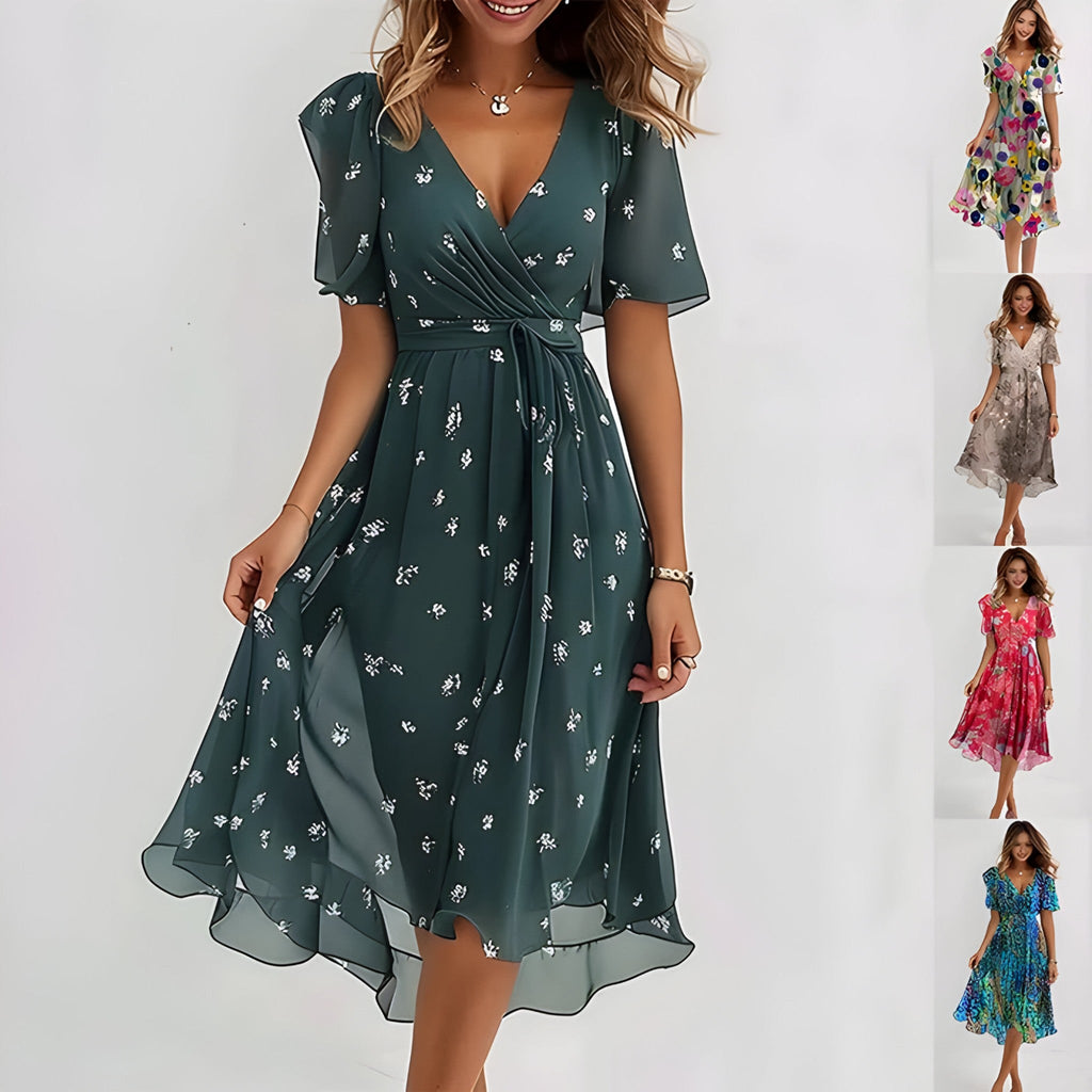 Neutral Floral Print Midi Dress with Flared Cut