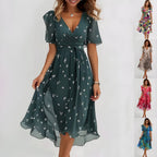 Neutral Floral Print Midi Dress with Flared Cut