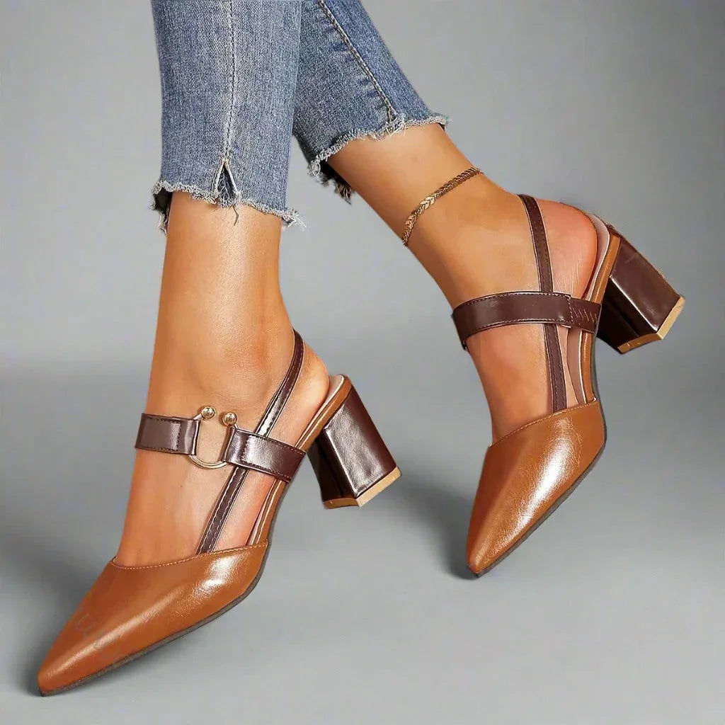 Block Heel Slingback Shoes with Gold Ring Detail