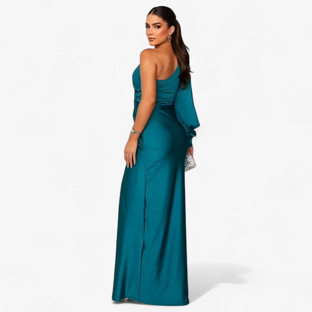Asymmetric One-Shoulder Satin Dress with Front Knot
