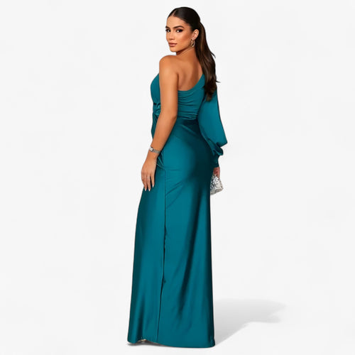 Asymmetric One-Shoulder Satin Dress with Front Knot