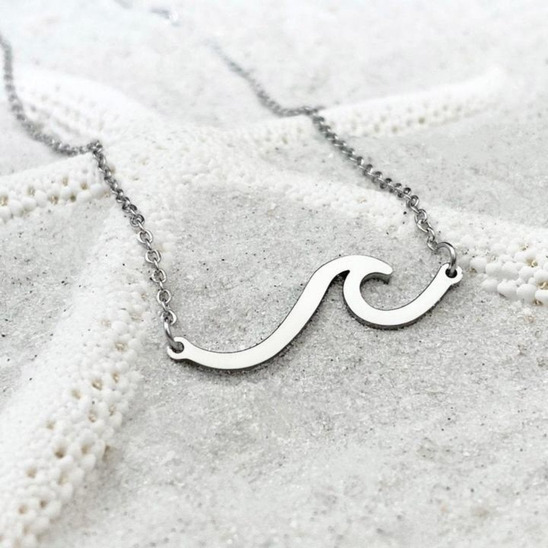 Sea Wave Pendant Necklace with Curling Crest in Silver Colour