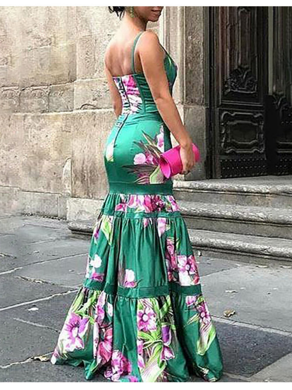 Satin Maxi Dress with Printed Panel and Back Straps