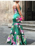 Satin Maxi Dress with Printed Panel and Back Straps