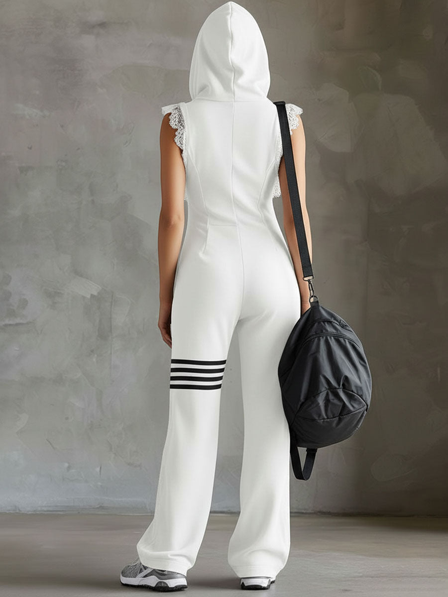 Hooded Sleeveless Jumpsuit with Zip Front and Wide Leg