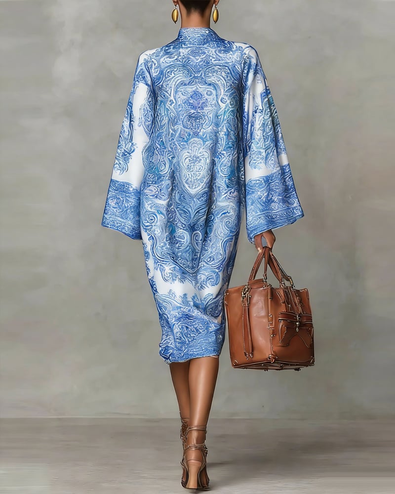 High Neck Printed Dress with Ruched Detail