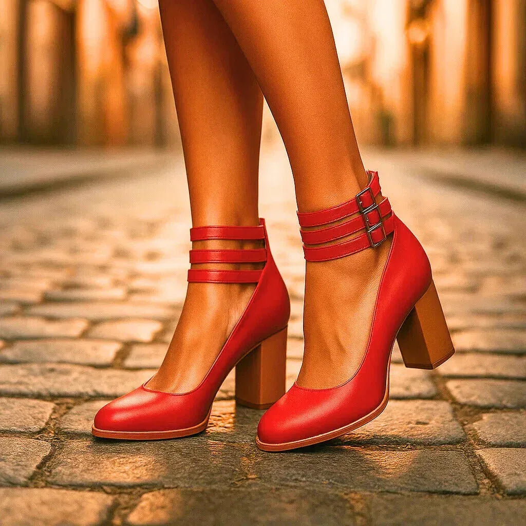 Block Heel Shoes with Triple Buckle Straps