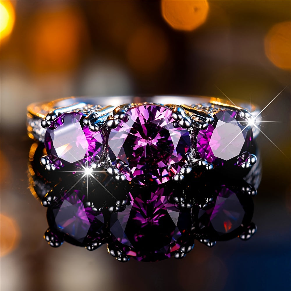Vintage-Style Three-Stone Ring with Round Purple Zirconia