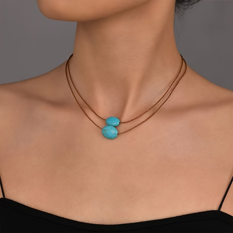 Vintage Double-Layer Blue-Green Beaded Necklace with Boho Charm