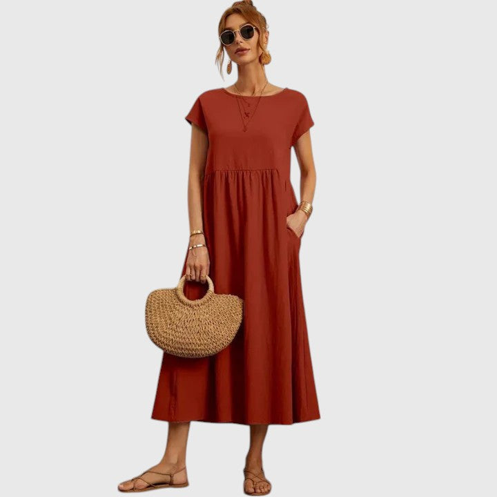 Casual Midi Dress with Short Sleeves and Pockets