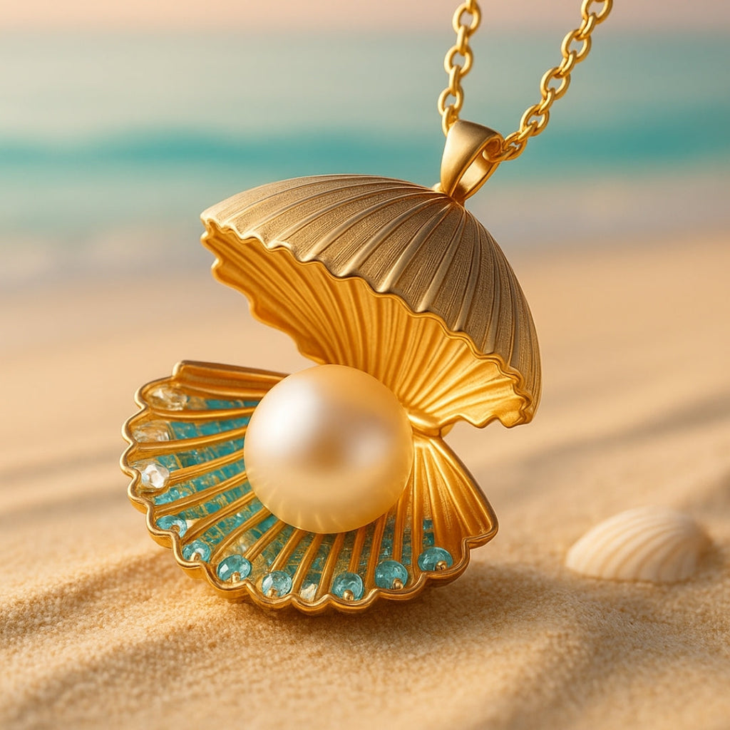Clam Shell Pendant Necklace with Faux Pearl in Gold Colour