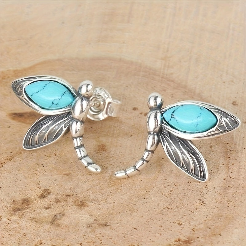 Blue-Green Stone Dragonfly Stud Earrings in Silver Colour