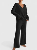 Ribbed Knit Lounge Set with V-Neck Top and Wide-Leg Trousers