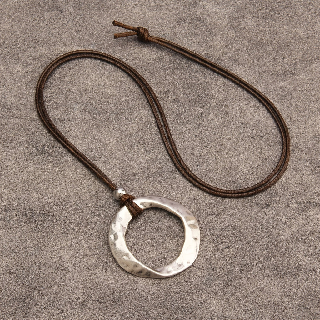 Hammered Open Circle Pendant Necklace on Leather Cord
