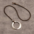 Hammered Open Circle Pendant Necklace on Leather Cord