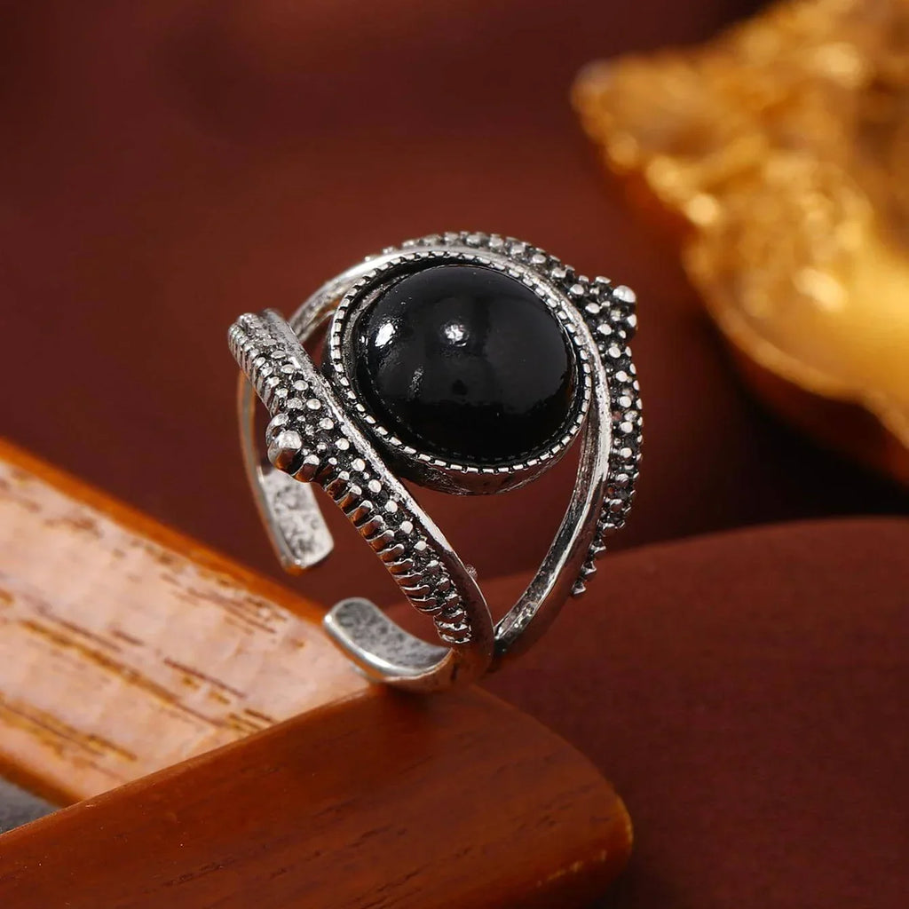 Round Black Stone Open Cuff Ring in Silver Colour with Bold Contrast