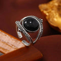 Round Black Stone Open Cuff Ring in Silver Colour with Bold Contrast