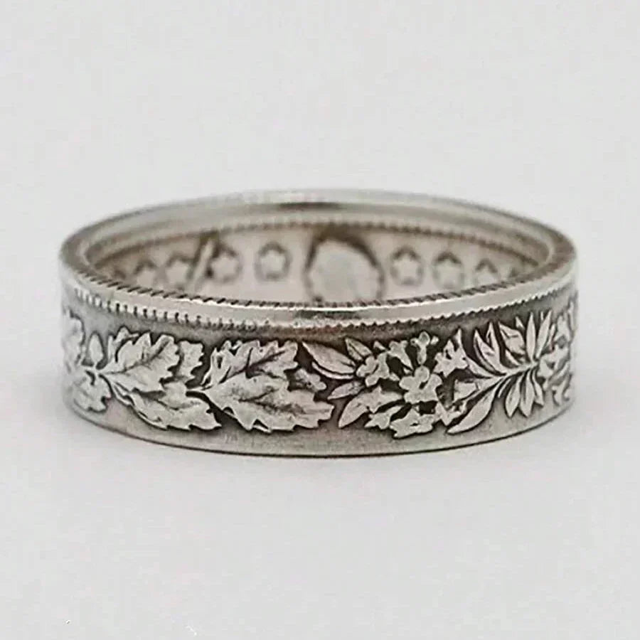 Vintage-Style Snowflake and Coin Pattern Ring in Silver Colour