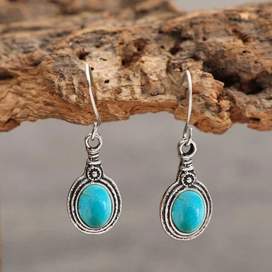 Western-Style Blue-Green Stone Drop Earrings with Earthy Tone