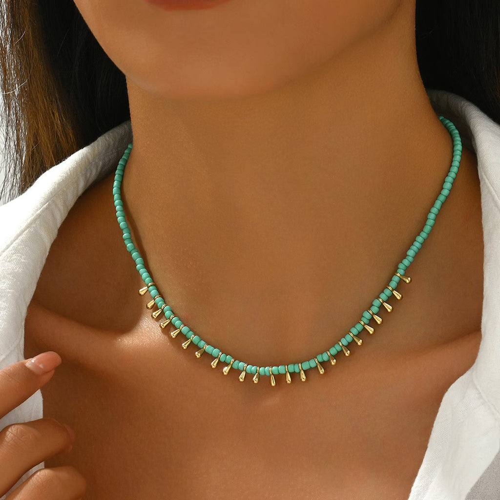 Minimal Blue-Green Stone Necklace in Gold Colour with Earthy Tone