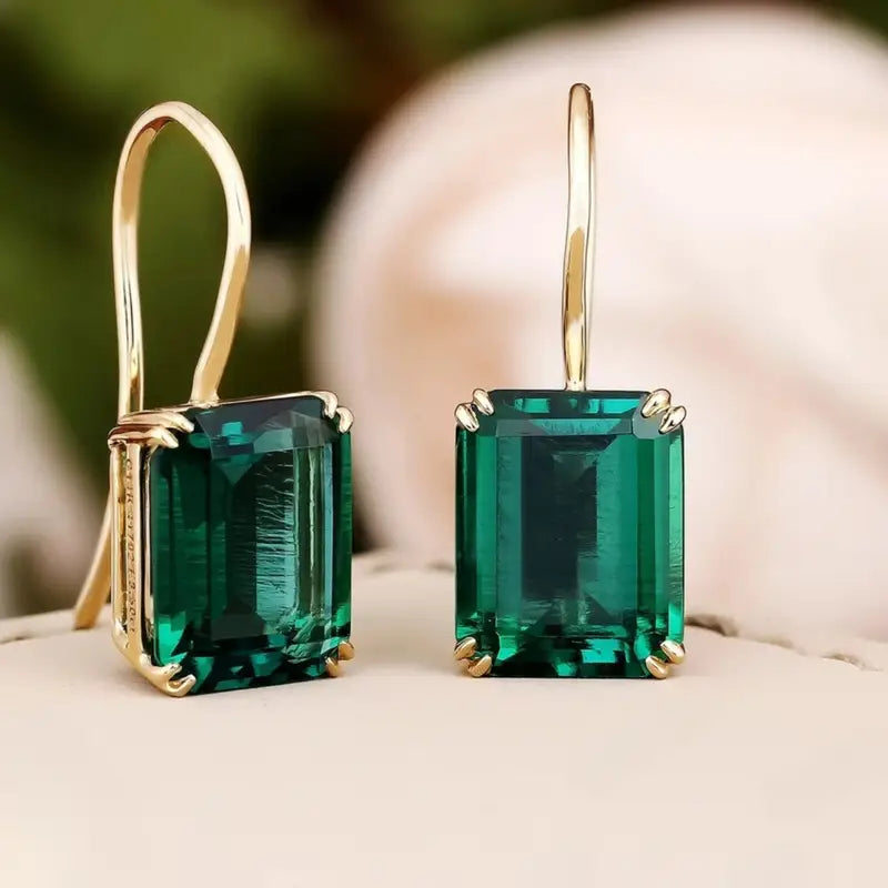Green Rectangular Stone Drop Earrings in Gold Colour